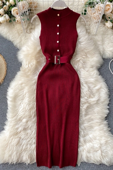 Glamorous Plain Knit Buckle Belted Button Up Slit Back Crew Neck Sleeveless Midi Bodycon Dress for Ladies