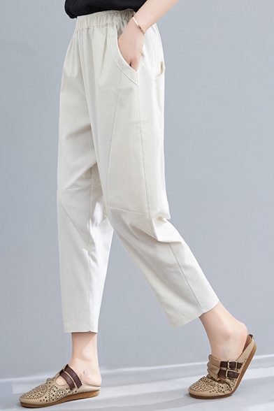 Leisure Ladies Linen and Cotton Plain Elastic Waist Ankle Length Tapered Fit Pants