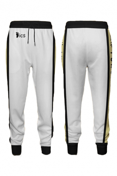 Leisure White Letter Ics Footprint Contrasted Long Sleeve Drawstring Waist Ankle Length Cuffed Relaxed Sweatpants