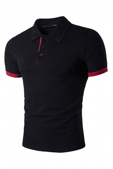 Men's Trendy Polo Shirt Solid Color Contrast Cuff Button Placket Short Sleeves Spread Collar Slim Fit Polo Shirt
