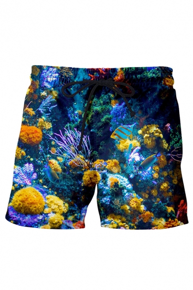 Mens 3D Chic Shorts Animal Fish Colorful Coral Pattern Pocket Drawstring Mid Waist Mid Thigh Regular Fitted Relax Shorts