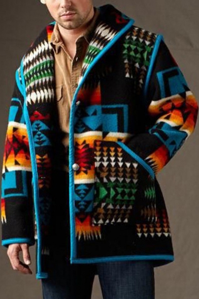Mens Coat Creative Binding Detail Triangle Pattern Wide Lapel Collar Button down Long Sleeve Regular Fit Woolen Coat