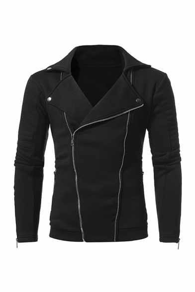 Mens Jacket Trendy Solid Color Zipper Cuffs Wide Lapel Zipper up Front Long Sleeve Slim Fitted Casual Jacket
