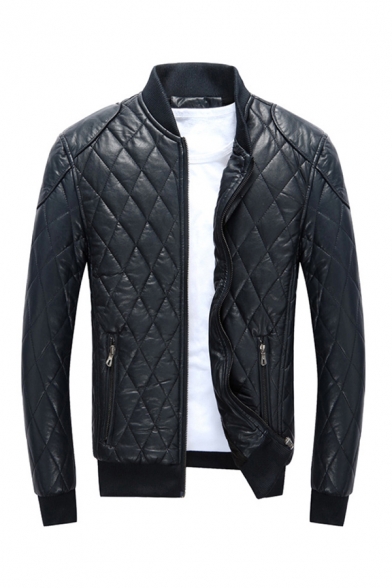 Mens Jacket Unique Quilted Zipper up Long Sleeve Stand Collar Slim Fitted Leather Jacket