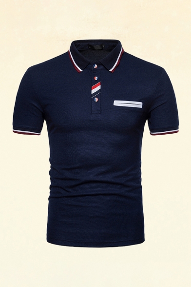 Mens Polo Shirt Trendy Contrasted Stripe Trim Button Detail Turn-down Collar Slim Fit Short Sleeve Polo Shirt