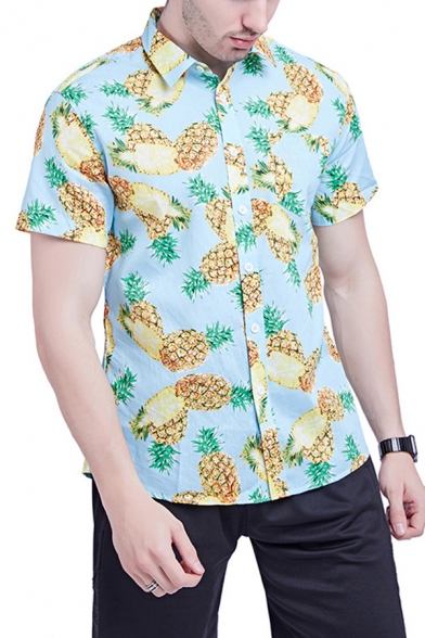 Mens Shirt Casual Pineapple Pattern Turn-down Collar Button-down Slim Fitted Short Sleeve Shirt