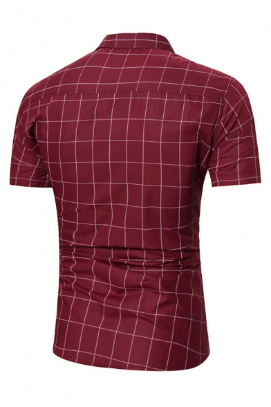 Mens Shirt Fashionable Grid Pattern Panel Turn-down Collar Button-down Slim Fitted Short Sleeve Shirt