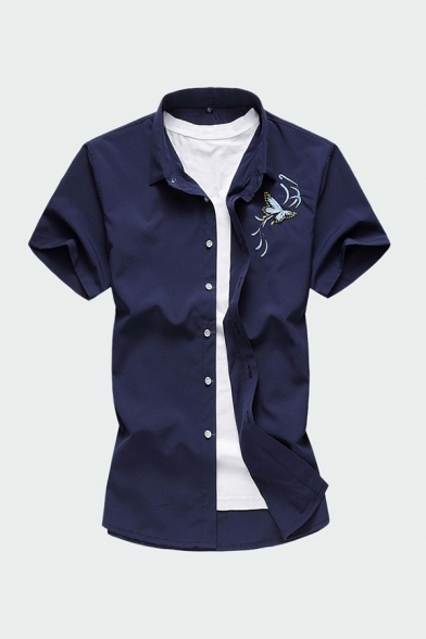 Mens Shirt Trendy Butterfly Embroidered Button up Turn-down Collar Short Sleeve Slim Fitted Shirt