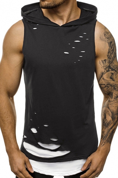 Mens Tank Top Trendy Double Layer Hole Detail Sleeveless Slim Fitted Hooded Tank Top