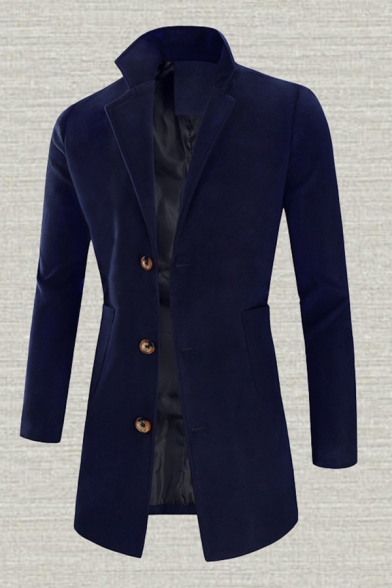 Mens Trench Coat Chic Plain Button up Long Sleeve Notched Lapel Collar Slim Fitted Woolen Trench Coat