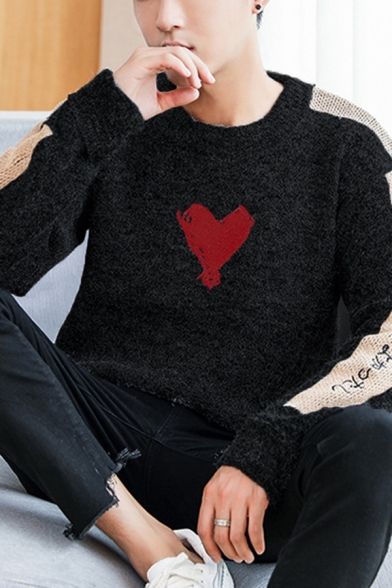 Mens Trendy Heart Print Front Colorblock Long Sleeve Marled Knit Sweater