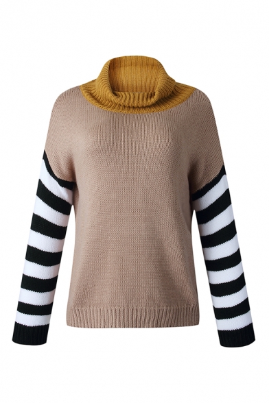 New Fashion Black and White Striped Long Sleeve Colorblock Turtleneck Loose Chunky Knit Pullover Sweater