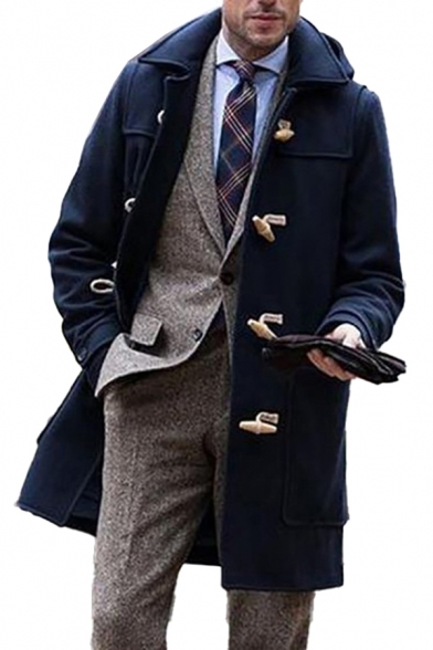 Novelty Mens Trench Coat Solid Color Woven Toggle-Button Turn down Collar Long Sleeve Slim Fit Trench Coat