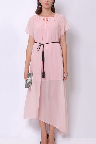 Pink Simple Solid Color Boho Style Keyhole Tie Front Short Sleeve Chiffon Midi Swing Dress for Women