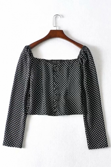 Polka Dot Printed Square Neck Long Sleeve Button Front Ruffle Hem Crop Blouse