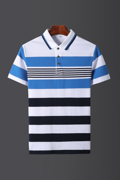 Abetteric Mens Short Sleeve Lapel Collar Silm Fit Stripes Patched Polo Shirts T-Shirt Top
