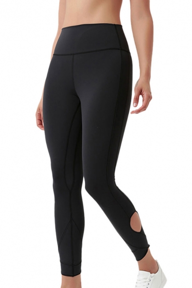Sportswear Solid Color Hollow Out High Waist Ankle Slim Fitted Pants for Ladies