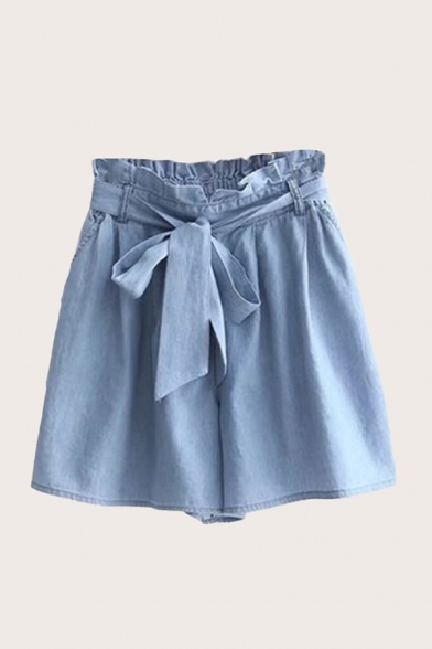 Stylish Ladies Shorts Solid Color Bow Pocket Pleated Paperbag Waist High Rise Denim Shorts