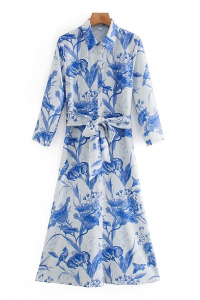 Stylish Womens Floral Printed Bow Tie Waist Button Up Turn-down Collar Long Sleeve Maxi A-Line Shirt Dress in Sky Blue