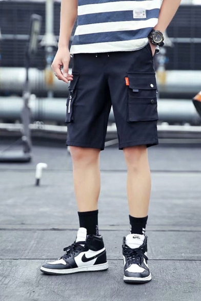 Trendy Black Flap Pockets Drawstring Waist Straight Cargo Shorts for Guys