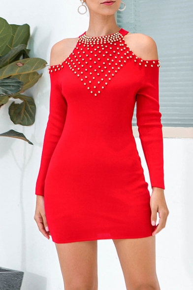 Trendy Solid Color Studded Embellished Cold Shoulder Long Sleeve Mini Bodycon Sweater Dress for Women