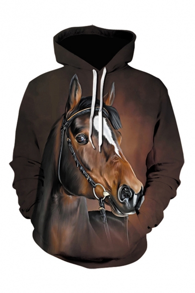 Unique Hoodie 3D Animal Horse Muzzle Pattern Drawstring Pocket Regular Fitted Long-sleeved Hooded Sweatshirt for Men