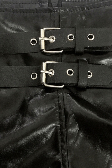 Women's Fancy Shorts Patent-leather Patchwork Zip Fly Belt Cut-out Short Mid Rise Slim Fit Shorts