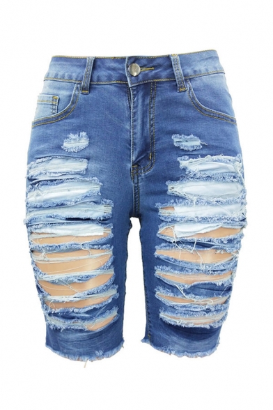 Womens Blue Shorts Creative Faded Wash Hollow out Frayed Cuffs Stretch Zipper Fly Slim Fitted Denim Shorts
