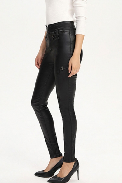 Womens Pants Black Fashionable Solid Color PU Leather Zipper Embellished Ankle Length Slim Fit Tapered Pants