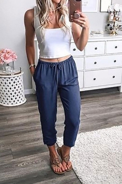 Womens Pants Fashionable Solid Color Drawstring Waist Regular Fit 7/8 Length Tapered Relaxed Pants