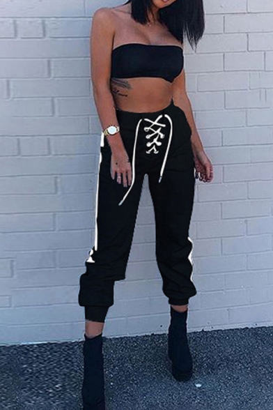 Womens Pants Stylish Colorblock Side Striped Lace-up Decorated High Waist Cuffed Regular Fitted Ankle Length Relaxed Pants