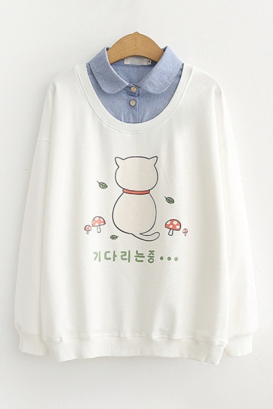 

Womens Simple Sweatshirt Cat Mushroom Leaf Korean Writing Pattern False Two Pieces Turn- down Collar Long Sleeve Loose Fit Pullover Sweatshirt, White;navy, LC695924