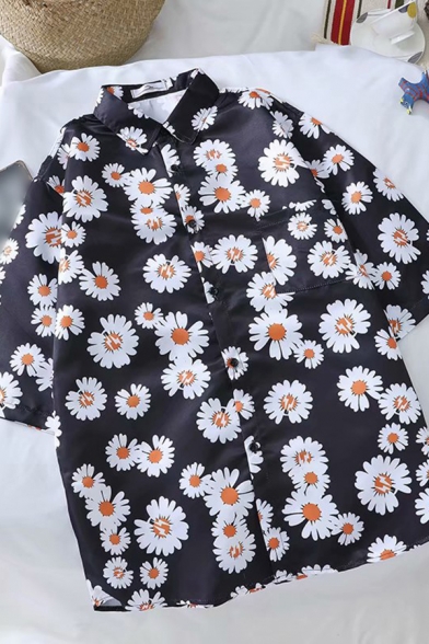 Basic Mens Shirt Flower Pattern Button-down Half Sleeve Point Collar Regular Fit Shirt