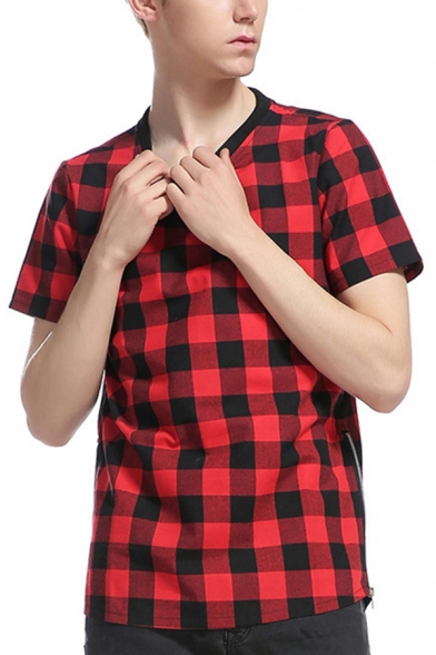 Basic Mens T-Shirt Plaid Printed Side-Zipper Regular Fit Short Sleeve Round Neck T-Shirt