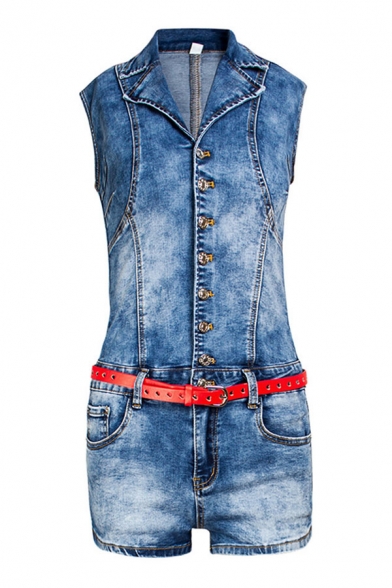Basic Womens Blue Rompers Single-Breasted Sleeveless Notch Collar Slim Fitted Denim Rompers with Washing Effect