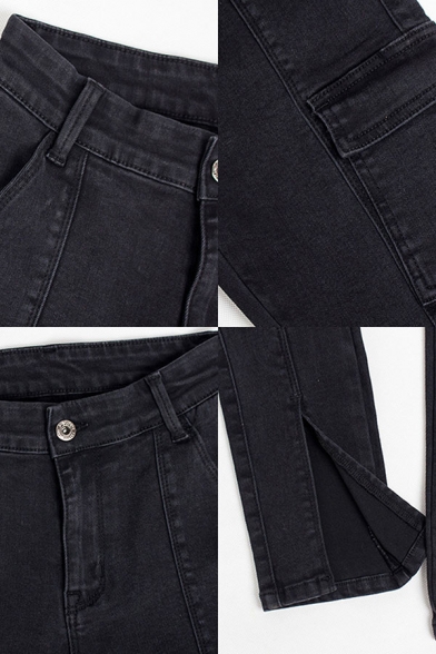 Black Classic Womens Jeans Dark Wash Split Hem Flap Pockets Zipper Fly Ankle Length Slim Fit Tapered Jeans