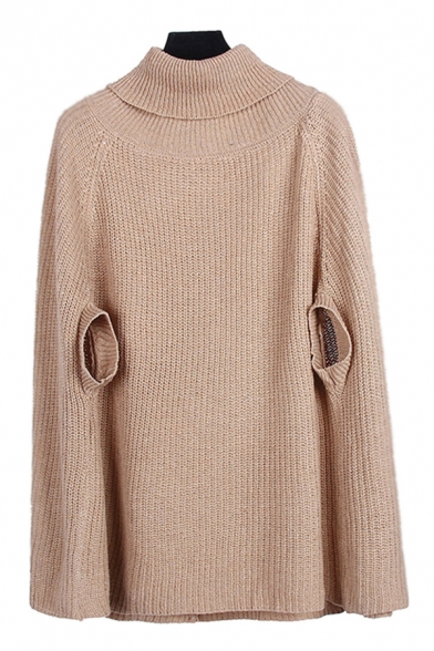 Camel Popular Womens Plain Turtleneck Dolman Sleeve Plus Size Knit Poncho Pullover Sweater