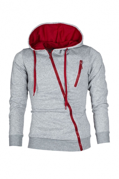 Casual Hooded Sweatshirt Solid Color Drawstring Zipper Long-sleeved Ribbed Trim Slim Fitted Hooded Sweatshirt for Men