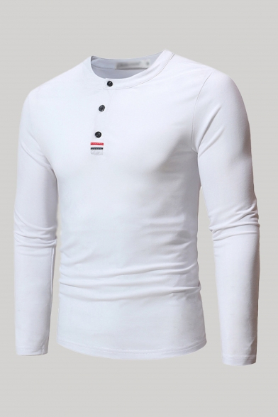 Casual Polo Shirt Plain Patched Detail Crew Neck Long Sleeve Button Slim Polo Shirt for Men