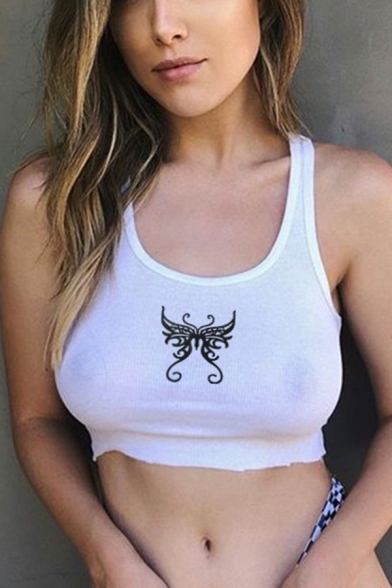 

Chic Butterfly Printed Scoop Neck Slim Fit Cropped Tank Top in White, LM668219