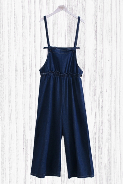 Chic Ladies Overalls Solid Color Stringy Selvedge Pleated Elastic Bow Full Length Denim Overalls