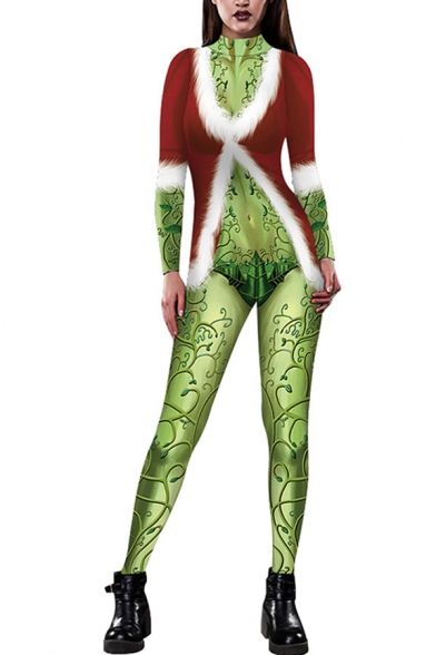 Cool 3D Jumpsuit Christmas Coat Leaf Belt Color Block Pattern Drawstring Pocket Zipper Ankle Length Long-sleeved Skinny Fit Hooded Jumpsuit for Women