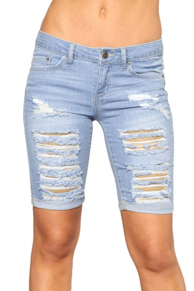 Cool Womens Shorts Medium Wash Distressed Hollow out Low Waist Roll-up Zipper Fly Slim Fitted Denim Shorts