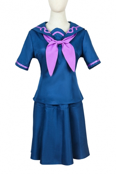 Creative Contrasted Short Sleeve Sailor Collar Tied Flower Embroidered Fit Top & Short Fit & Flared Skirt JK Uniform Set in Blue