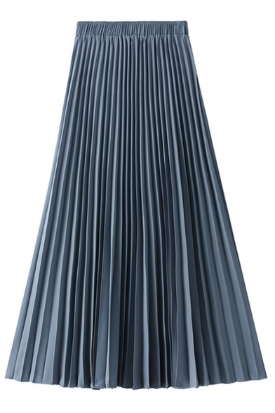 Creative Womens Pleated Skirt Solid Color High Elastic Rise Midi A-Line Pleated Skirt