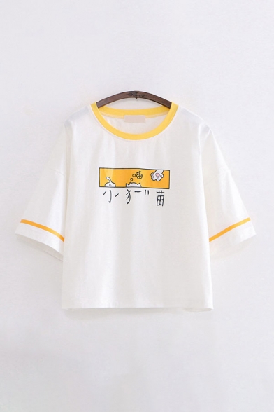 Cute Ladies Cartoon Cat Japanese Letter Printed Crew Neck Half Sleeve Oversized Graphic Tee Top