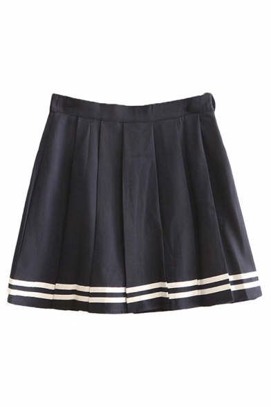 Elegant Ladies Skirt Striped Pattern Pleated Zipper side High Waist Mini A-Line Skirt