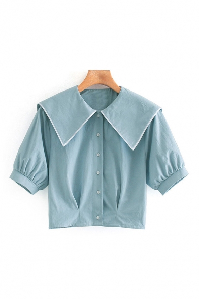 Fancy Blue Short Sleeve Sailor Collar Button Up Regular Fit Crop Blouse Top for Ladies