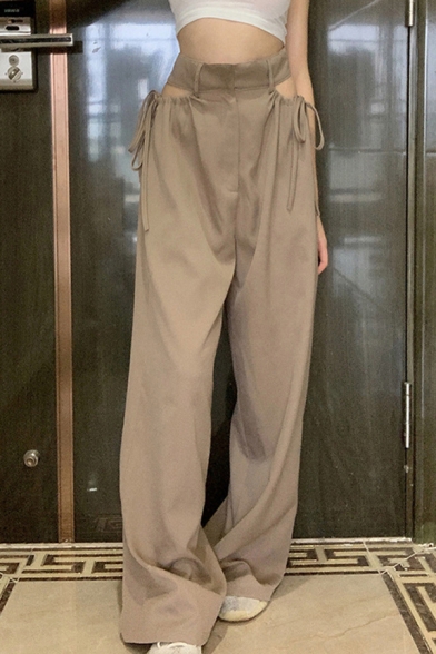 Fashion Trousers Solid Color Zip Fly High Rise Long Length Pockets Drawstring Cut-out Relaxed Fit Trousers for Women