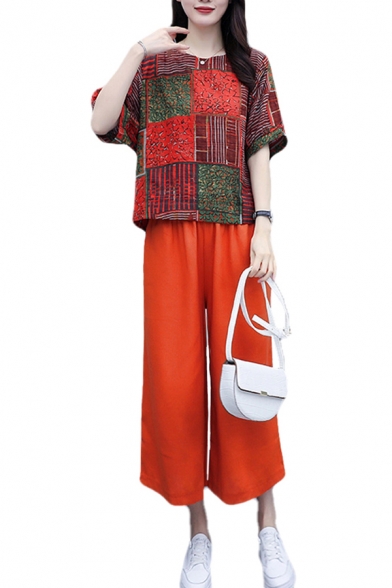 Fashion Womens Linen and Cotton Flower Leaf Printed 3/4 Sleeve Round Neck Loose T Shirt & Cropped Baggy Wide-leg Pants Set